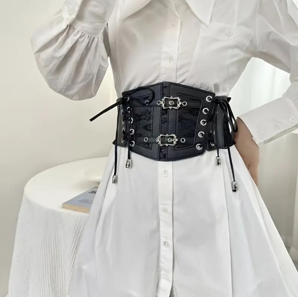 Black Lace-Up Gothic Punk Broad Elastic Waistband Corset Belt